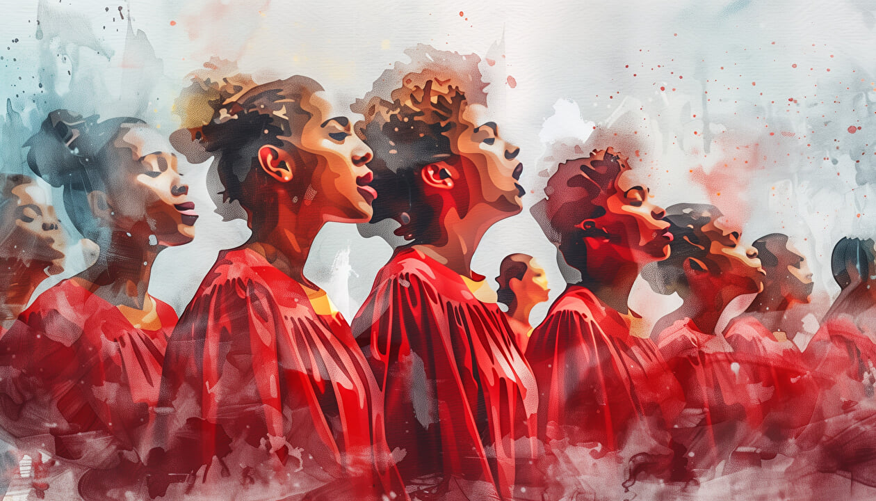 A gospel choir sings energetically, dressed in bright red robes, captivating the audience with their uplifting performance, watercolor art